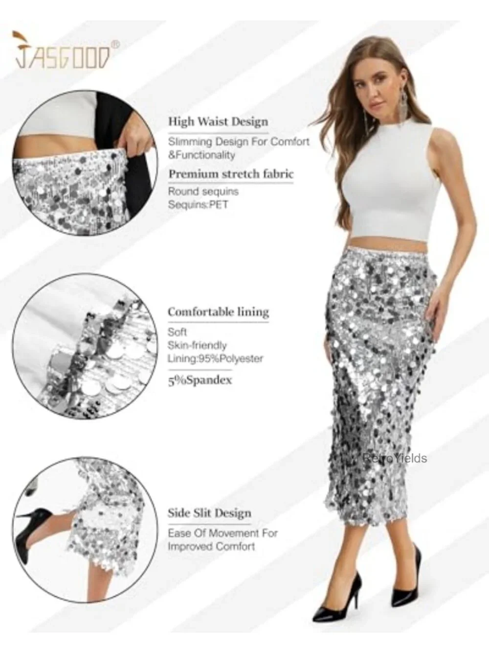 Sequin Midi Skirt High Waist Elastic Side Slit Stretchy Sparkle Skirt Night Out